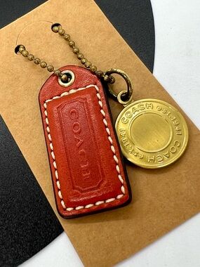 Vintage Coach Legacy Rust Red Leather Hangtag Gold Medallion Charm Set Authentic